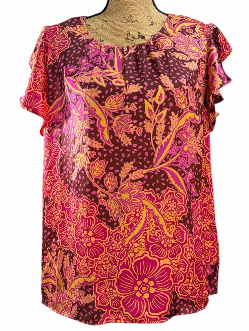 Alex & Lili Floral Flutter Sleeve Blouse in Pink and Brown EC. Size X-Large